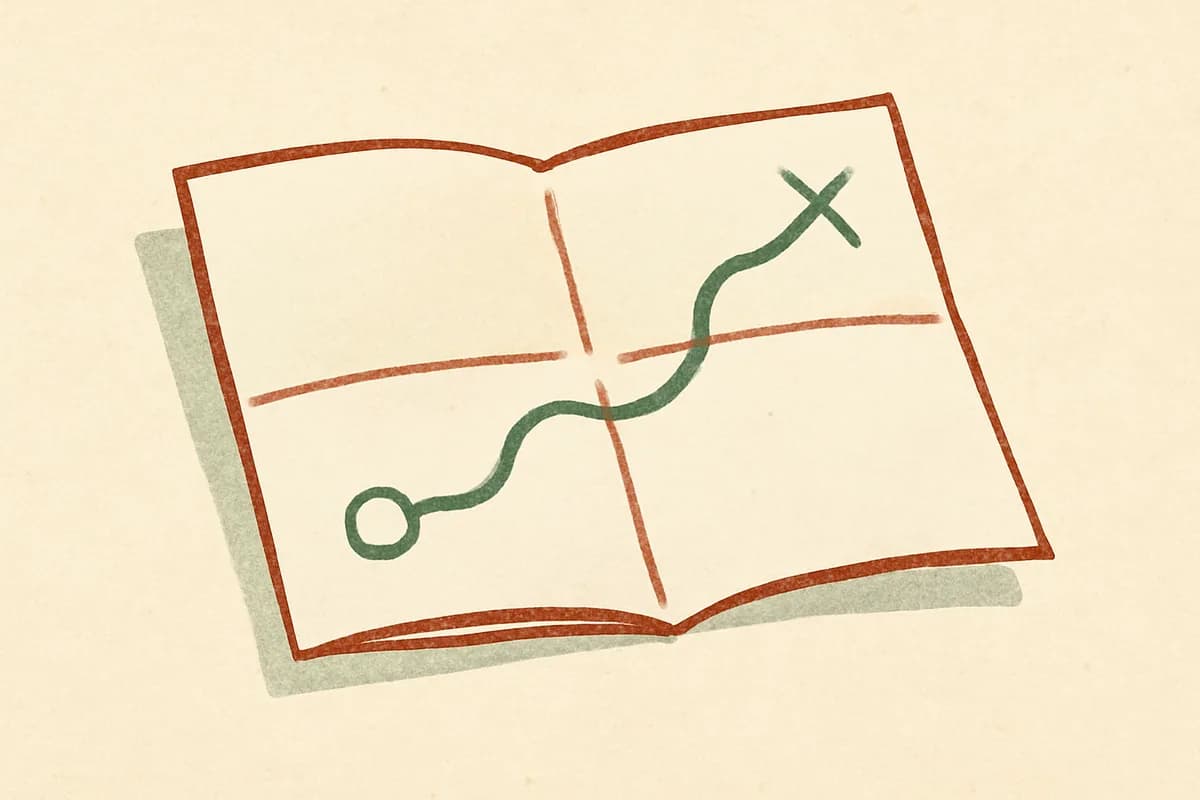 Illustration of an open book with a path drawn across it