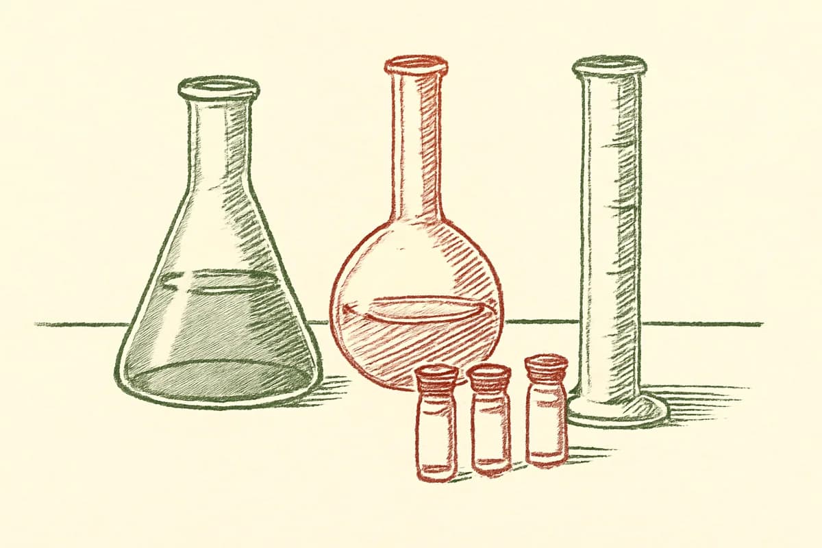 Illustration of laboratory glassware and sealed vials