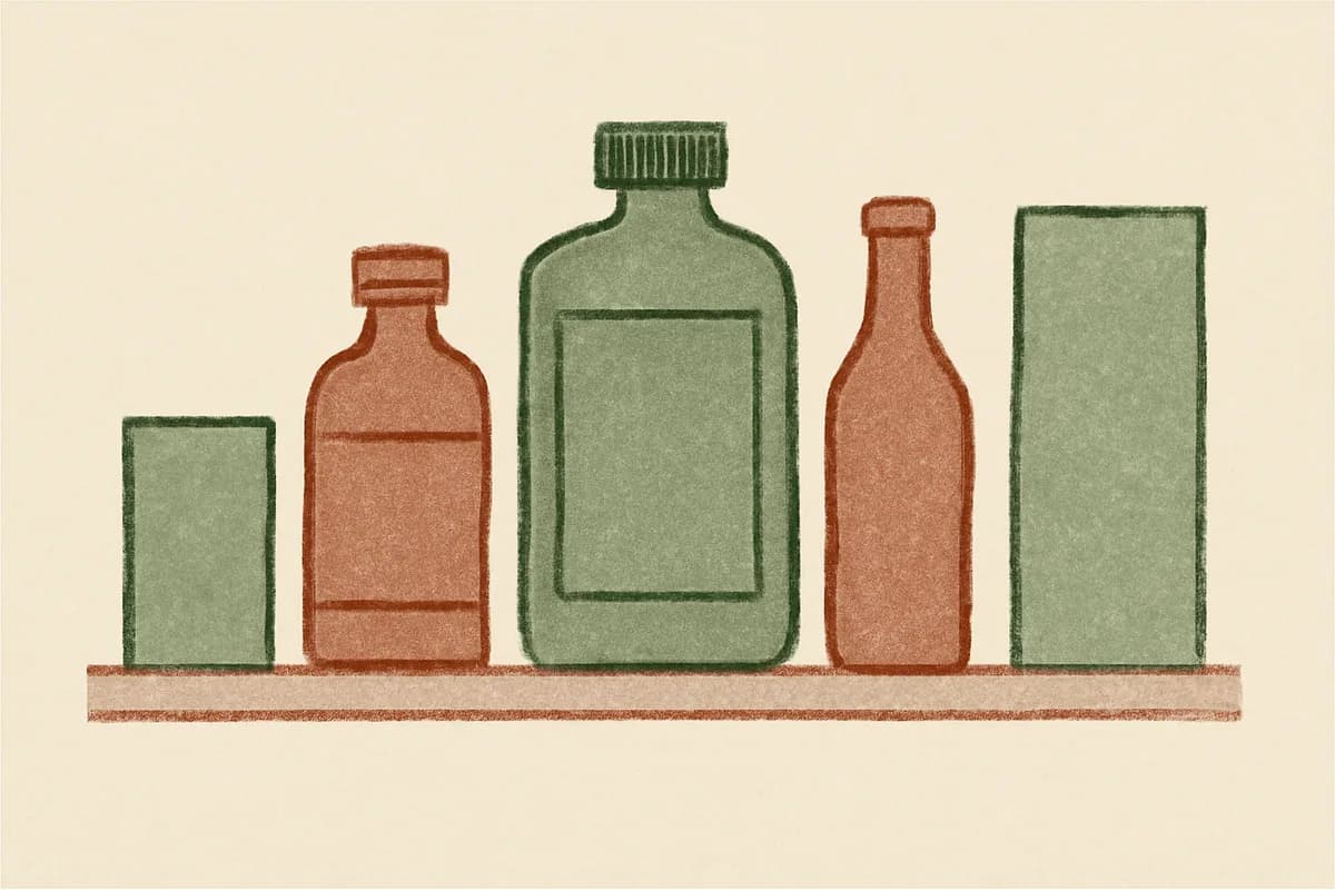Illustration of bottles and boxes lined up on a shelf